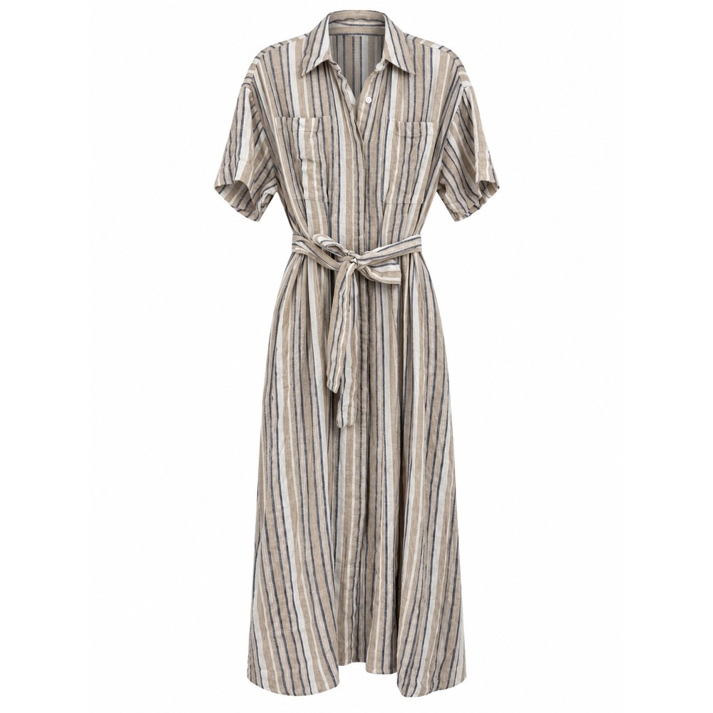 Banana Republic Linen Blend Striped Midi Shirt Dress Beige Blue Small NWT